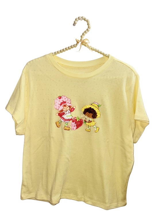 Hybrid Tees Tops - Pastel Yellow Strawberry Shortcake Patch Graphic Short Sleeve Tee - NWOT